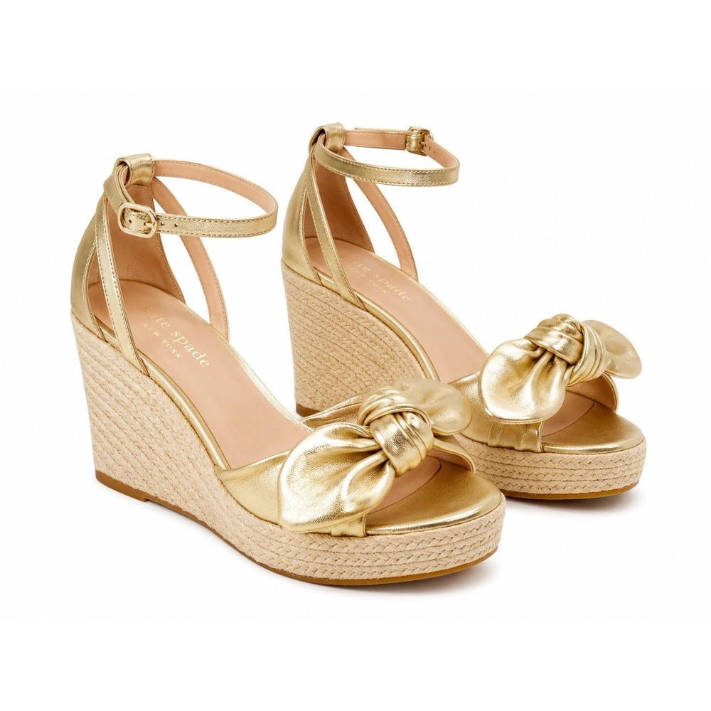 Kate Spade Metallic Gold Bow Wedge Sandal Espadrille 7.5 Tianna Vacation Chic